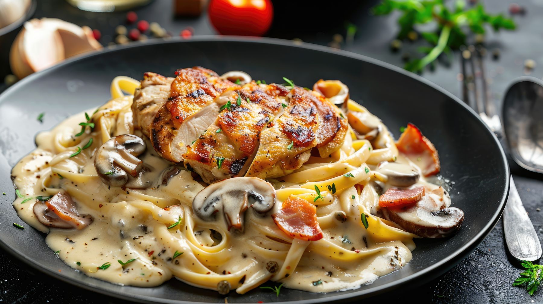 Chicken, Mushroom & Bacon Fettuccine Alfredo *(Serves 4)*