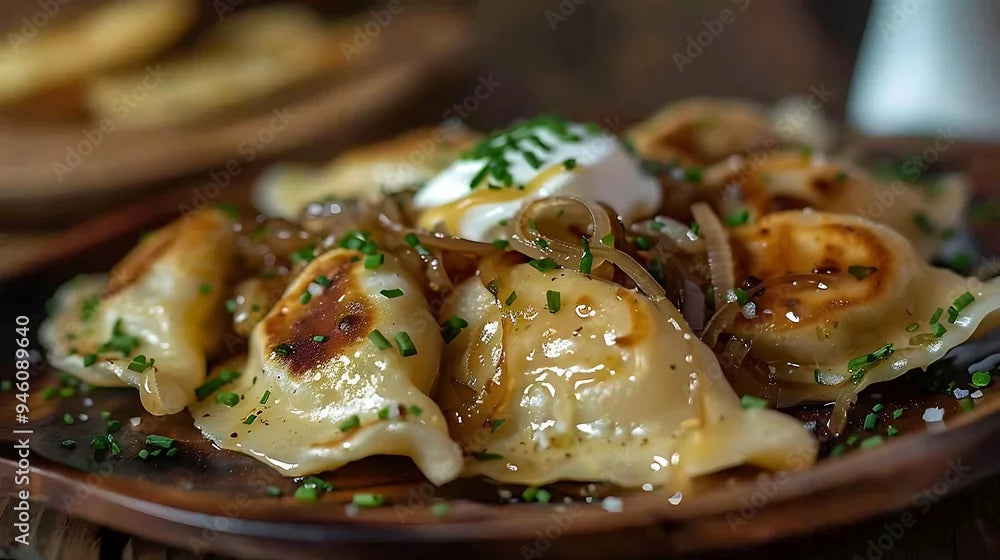 Spiced Beef and Cabbage Pierogi with Caramelized Onions and Sour Cream