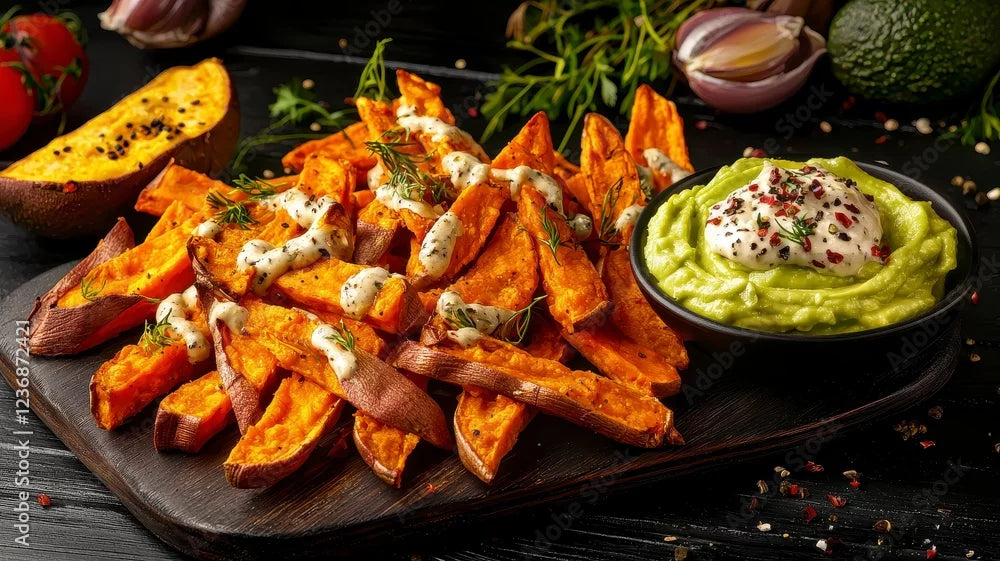 Chipotle Lime Roasted Sweet Potato Wedges with Avocado Dip